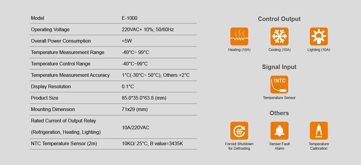 Elitech E-1000 Temperature Controller Thermostat, Automatic Switch Cooling and Heating, with Lighting Output, Touch Key, With NTC Temperature Probe Sensor