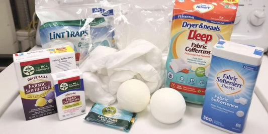 Essential dryer accessories on a laundry surface.