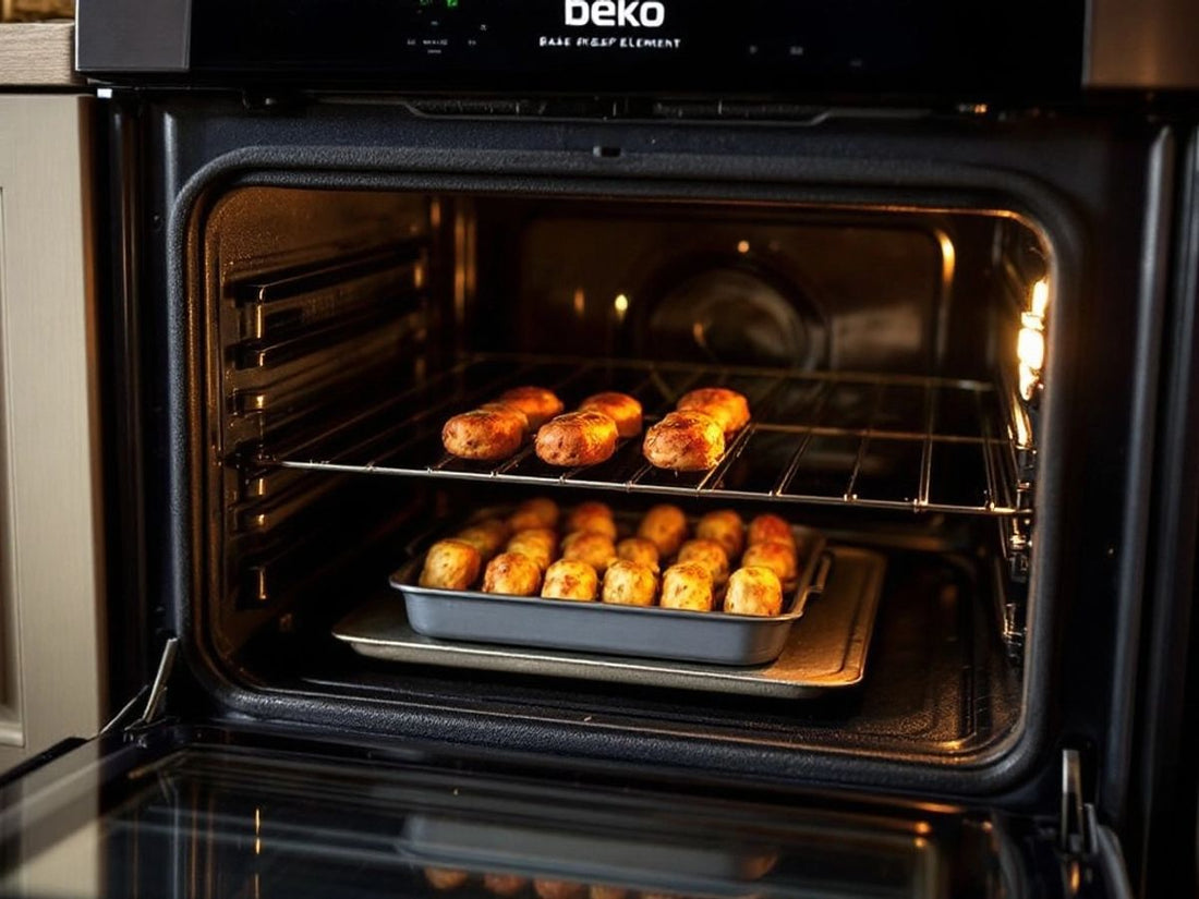 Beko oven with unevenly baked dishes inside.