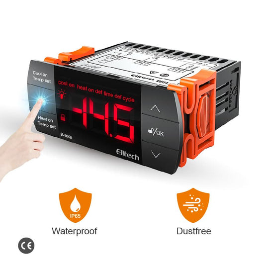 Elitech E-1000 Temperature Controller Thermostat, Automatic Switch Cooling and Heating, with Lighting Output, Touch Key, With NTC Temperature Probe Sensor