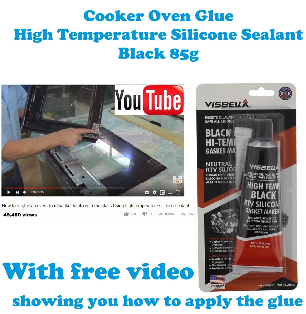 Oven & Cooker Door Glass Repair Glue Silicone Sealant High Temperature Black 85g